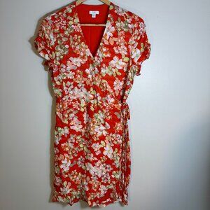 J. Jill Papaya Floral Ruffle Wrap Dress Flutter Sleeve and Hem Women's Dress - S